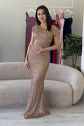 Beige Sequined Fishtail Maxi Evening Dress