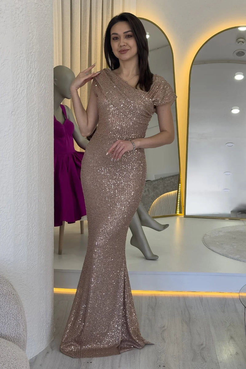 Beige Sequined Fishtail Maxi Evening Dress