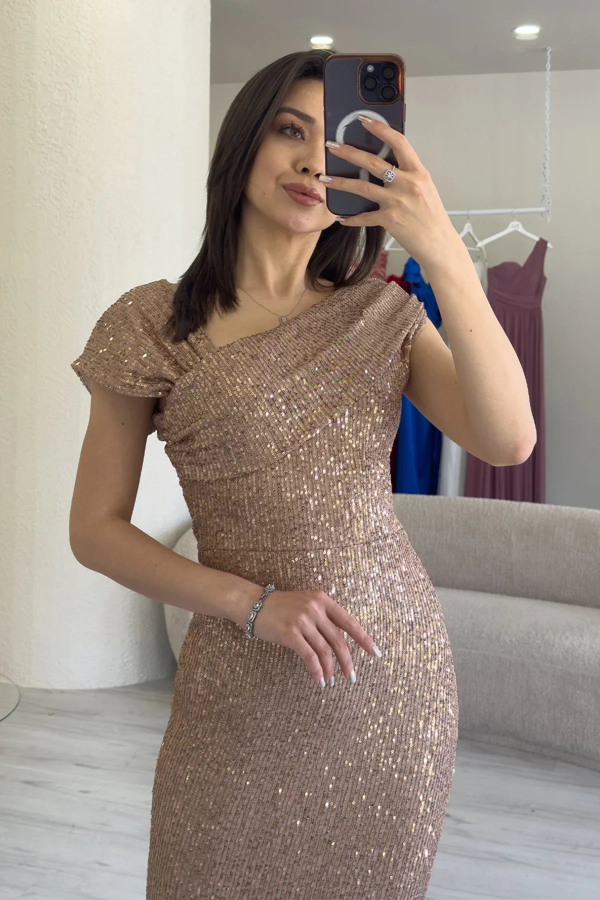 Beige Sequined Fishtail Maxi Evening Dress