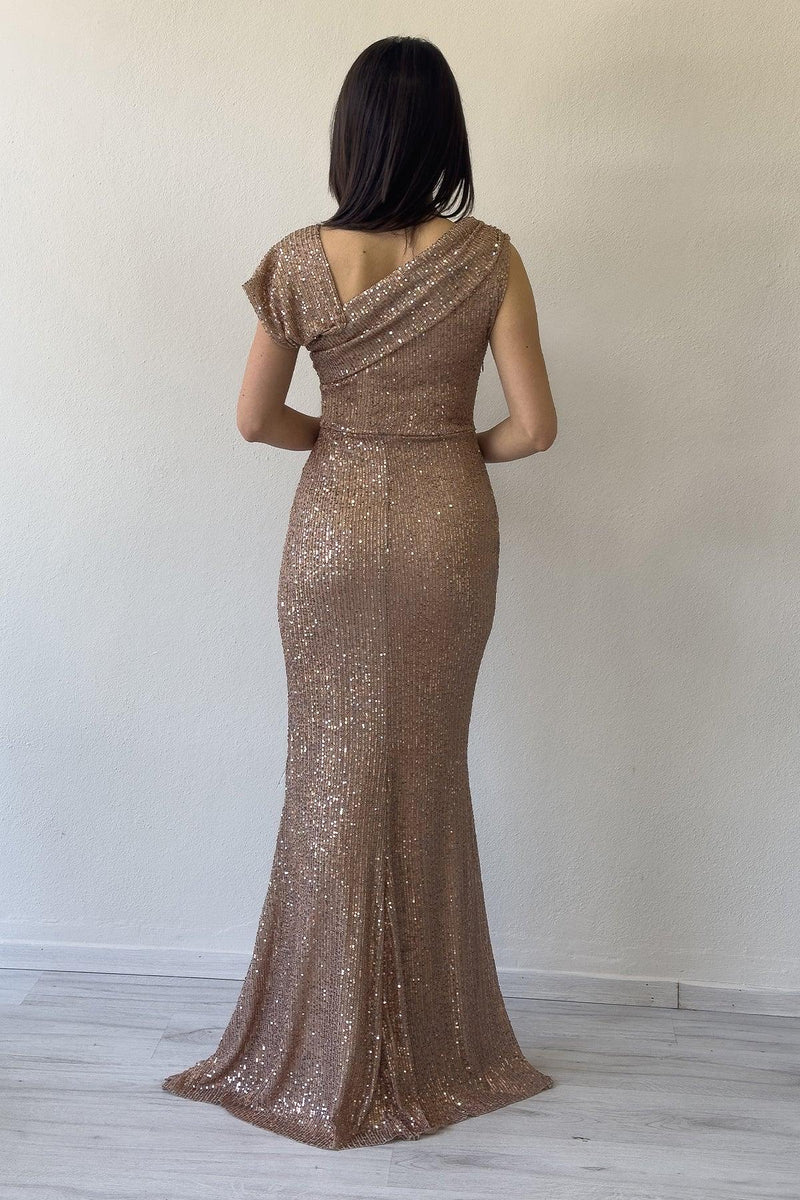 Beige Sequined Fishtail Maxi Evening Dress