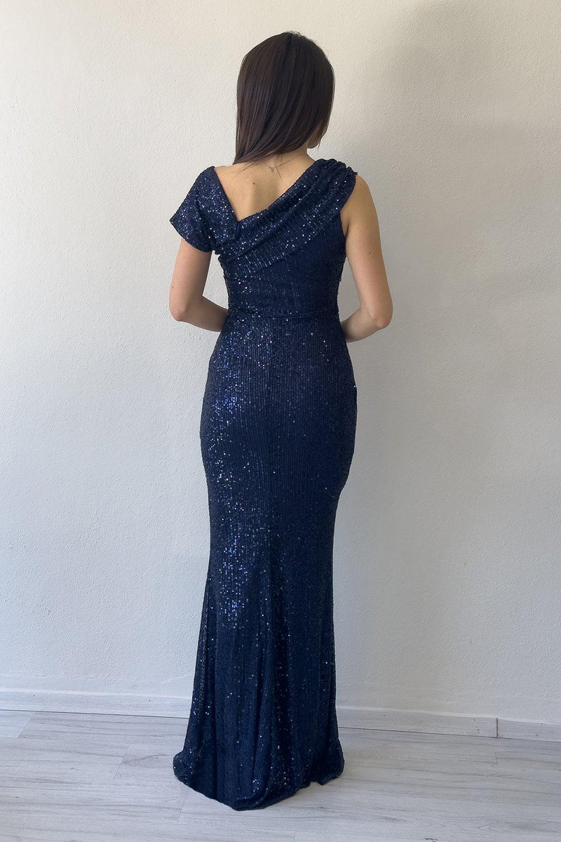 Women's Navy Blue Asymmetric Neck Sequin Plus Size Mermaid Evening Gown