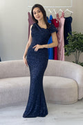 Navy Blue Sequined Fishtail Maxi Evening Dress