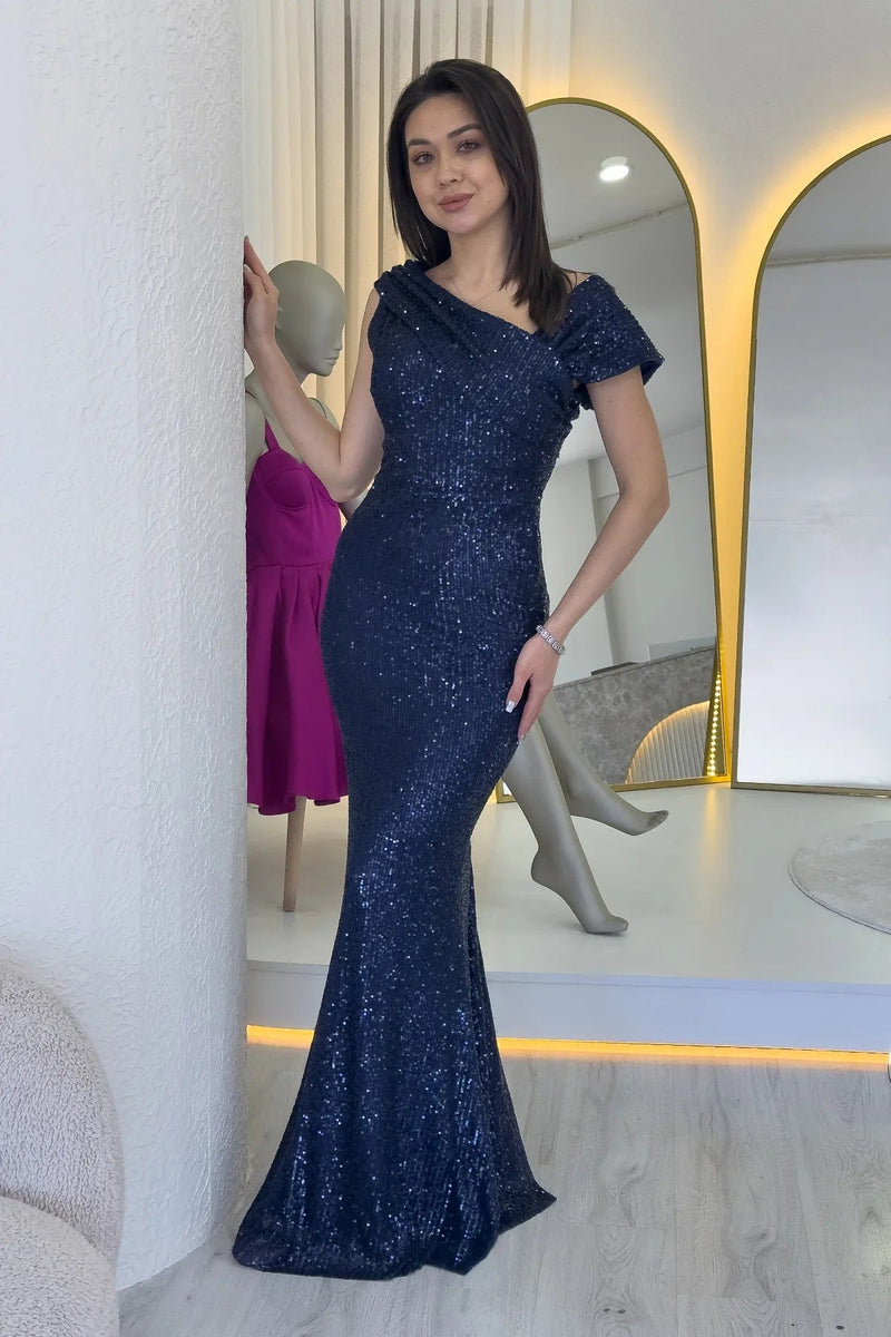 Women's Navy Blue Asymmetric Neck Sequin Plus Size Mermaid Evening Gown