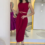 Burgundy Midi Pencil Dress with Belt