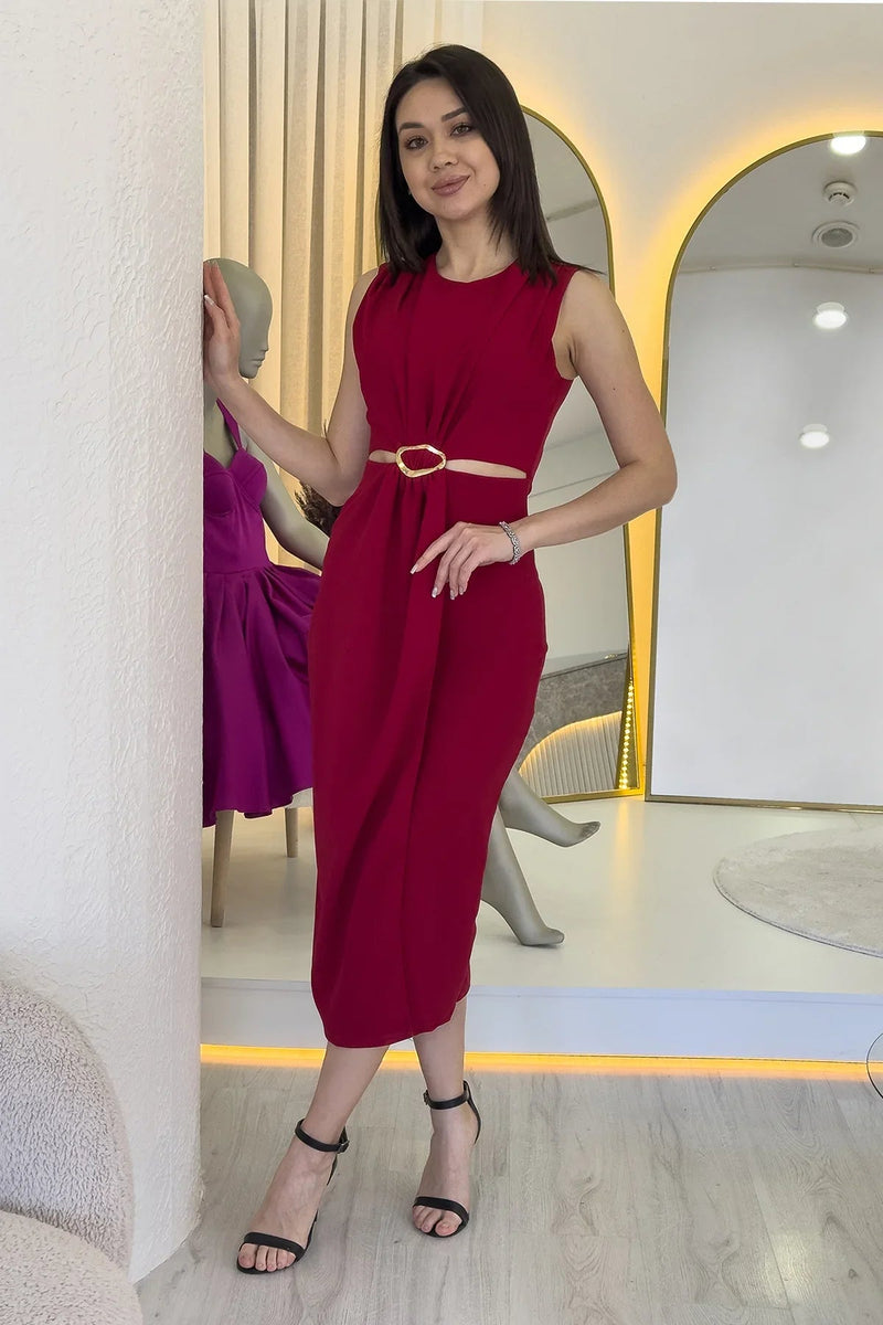 Women's Burgundy Bel Decollete Gold Aksesuarlı Slit Midi Dress
