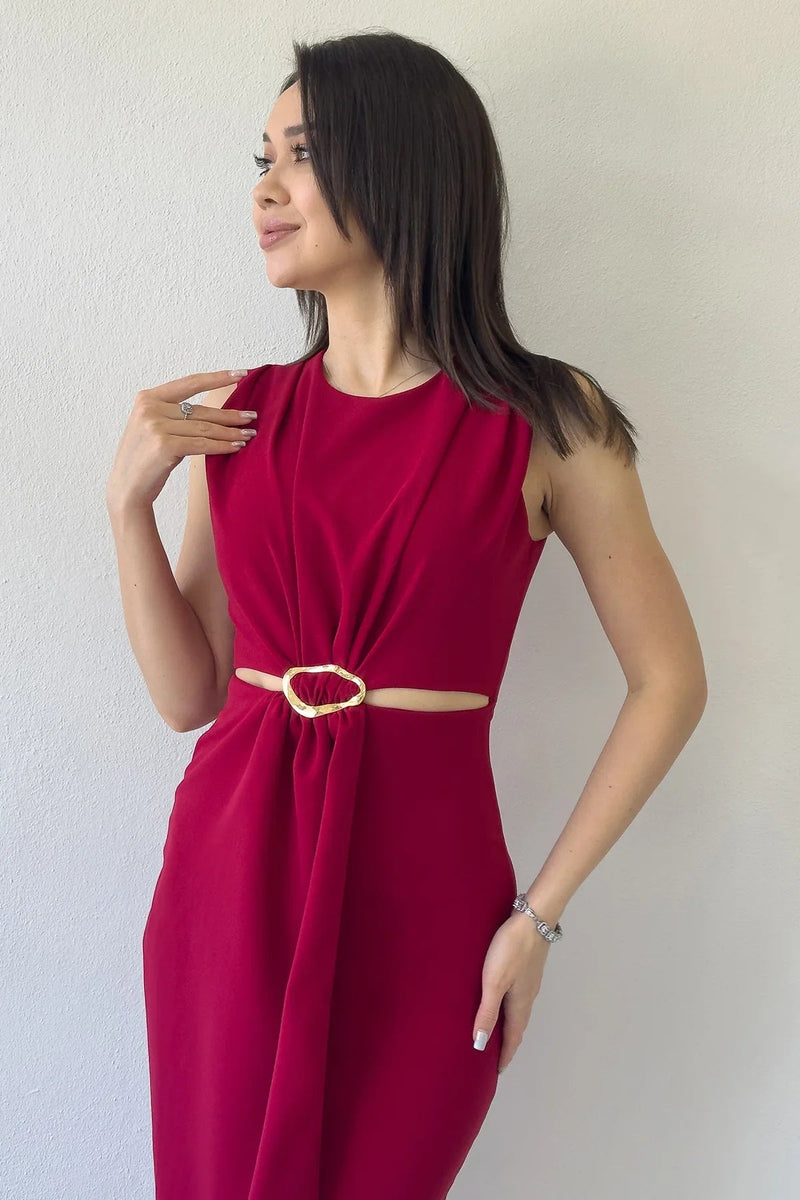 Women's Burgundy Bel Decollete Gold Aksesuarlı Slit Midi Dress