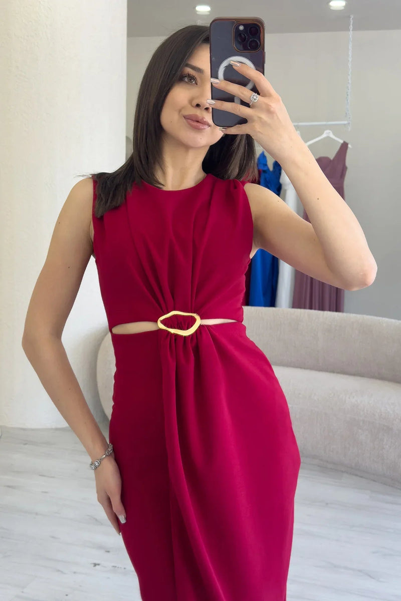 Women's Burgundy Bel Decollete Gold Aksesuarlı Slit Midi Dress