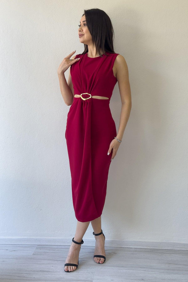 Women's Burgundy Bel Decollete Gold Aksesuarlı Slit Midi Dress