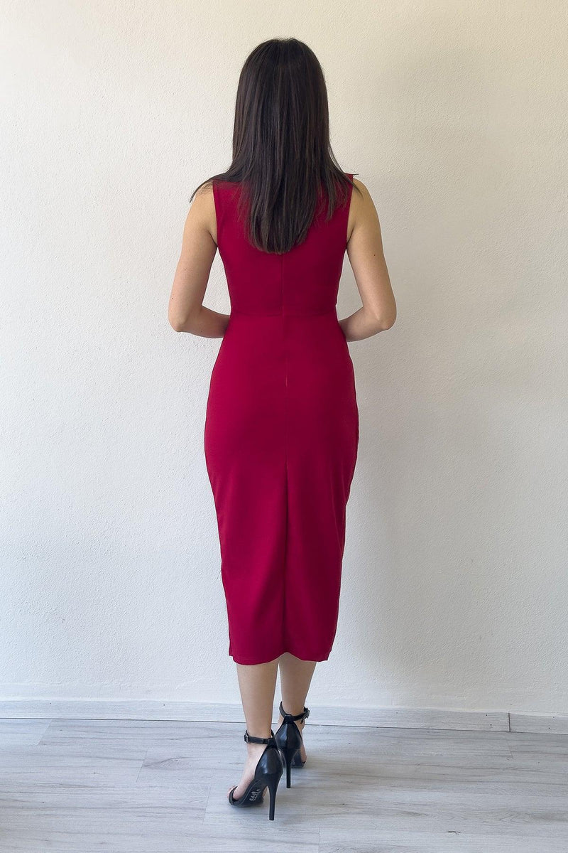 Women's Burgundy Bel Decollete Gold Aksesuarlı Slit Midi Dress