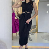 Black Midi Pencil Dress with Belt