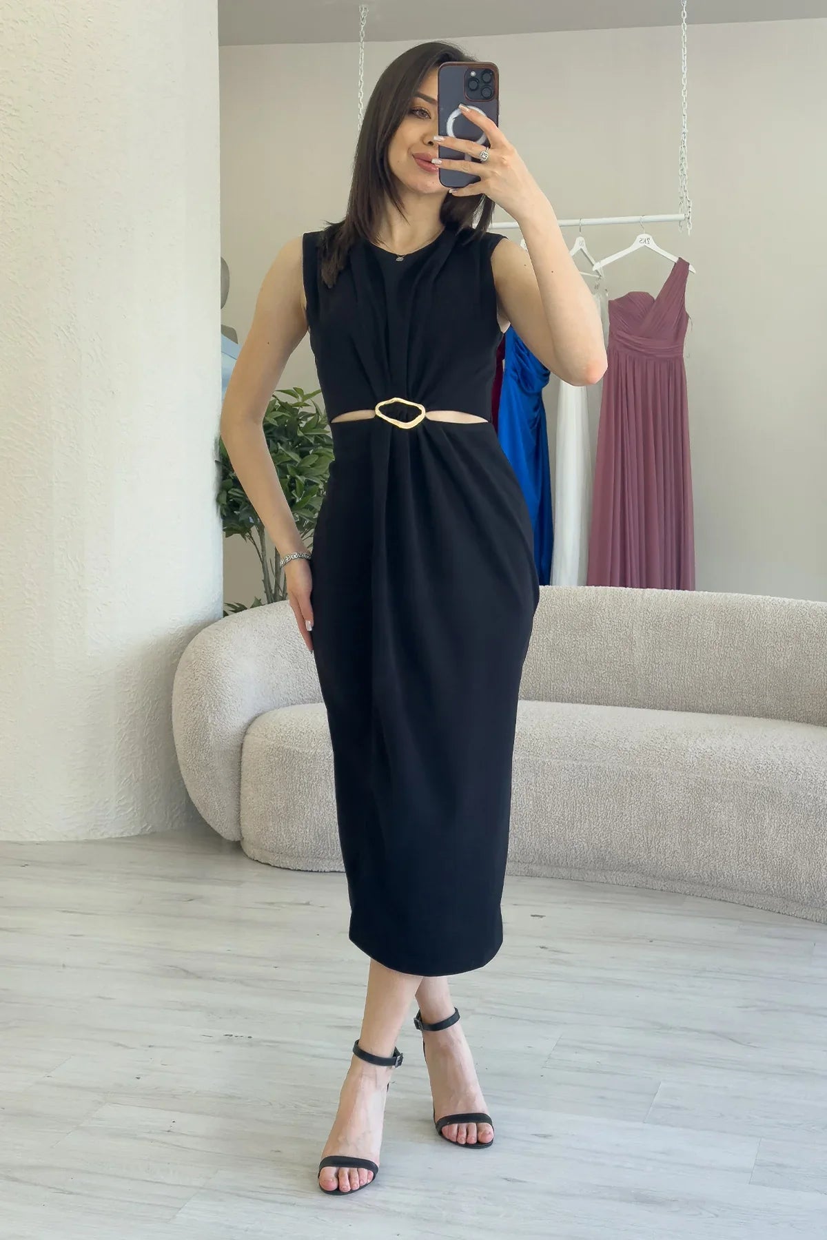 Women's Black Bel Decollete Gold Aksesuarlı Slit Midi Dress