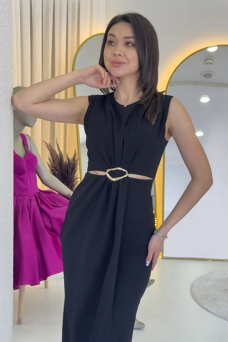 Women's Black Bel Decollete Gold Aksesuarlı Slit Midi Dress