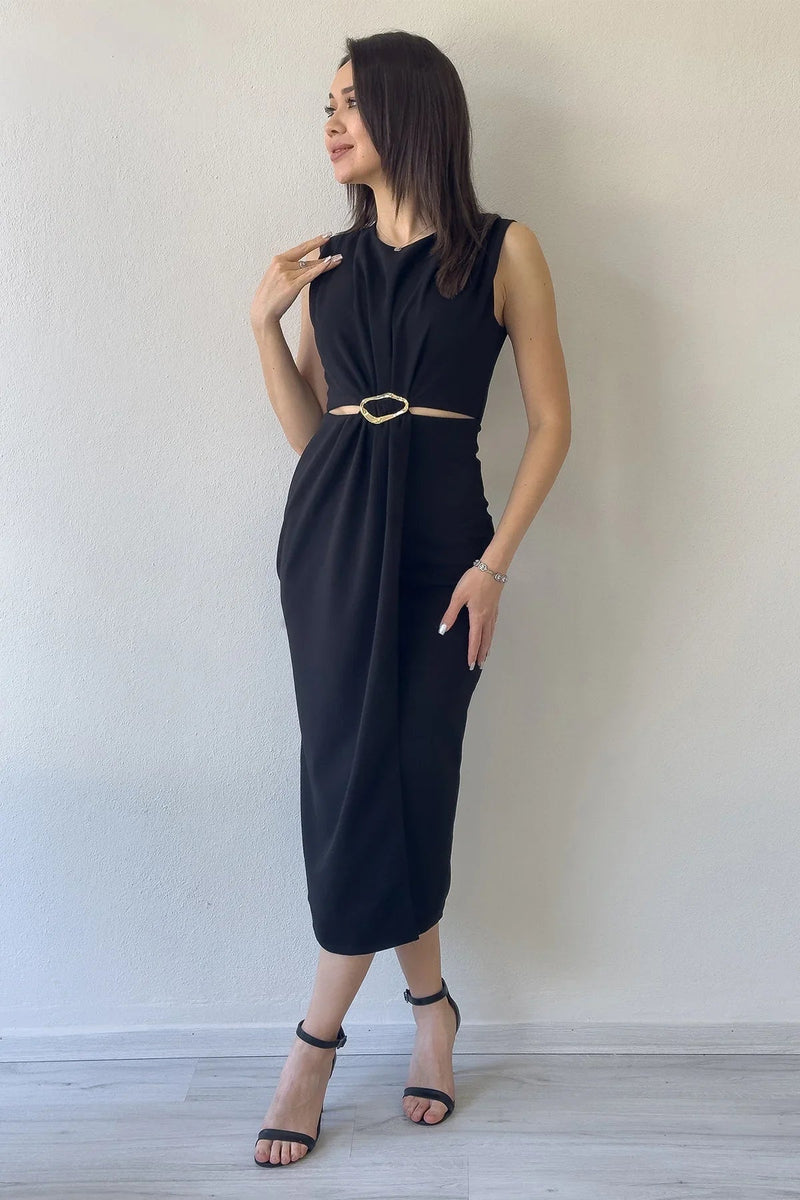 Women's Black Bel Decollete Gold Aksesuarlı Slit Midi Dress