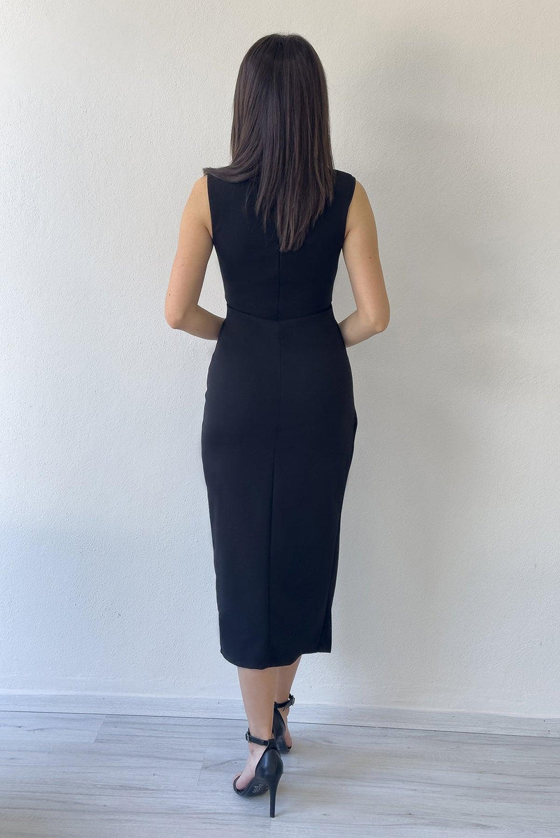 Women's Black Bel Decollete Gold Aksesuarlı Slit Midi Dress