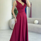 Burgundy Satin Maxi Evening Dress