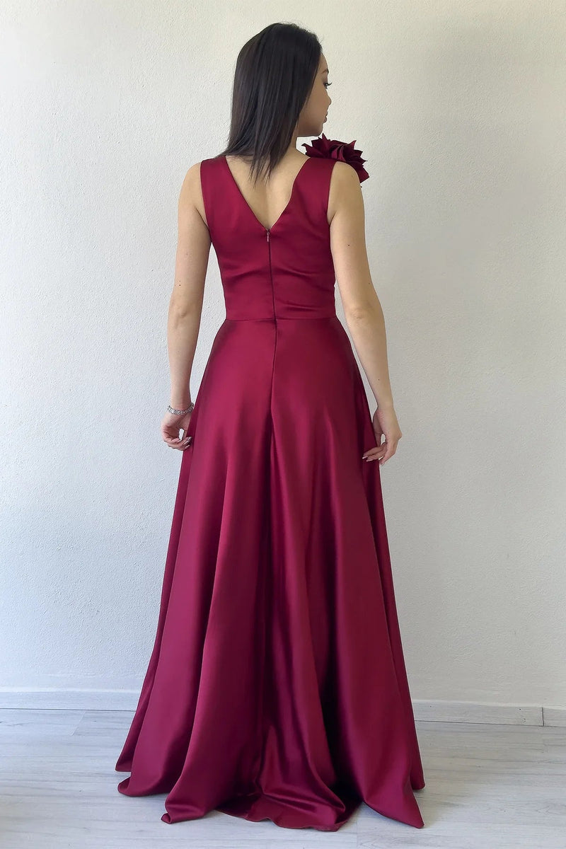 Women's Burgundy Wrap Neck Omuz Çiçek Detail Satin Evening Gown