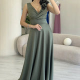 Khaki Satin Maxi Evening Dress