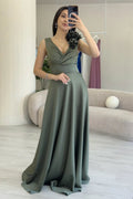 Khaki Satin Maxi Evening Dress