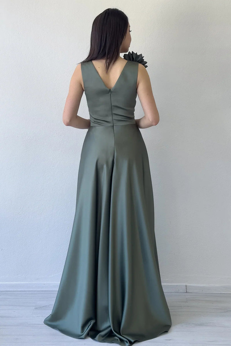 Women's Khaki Wrap Neck Omuz Çiçek Detail Satin Evening Gown