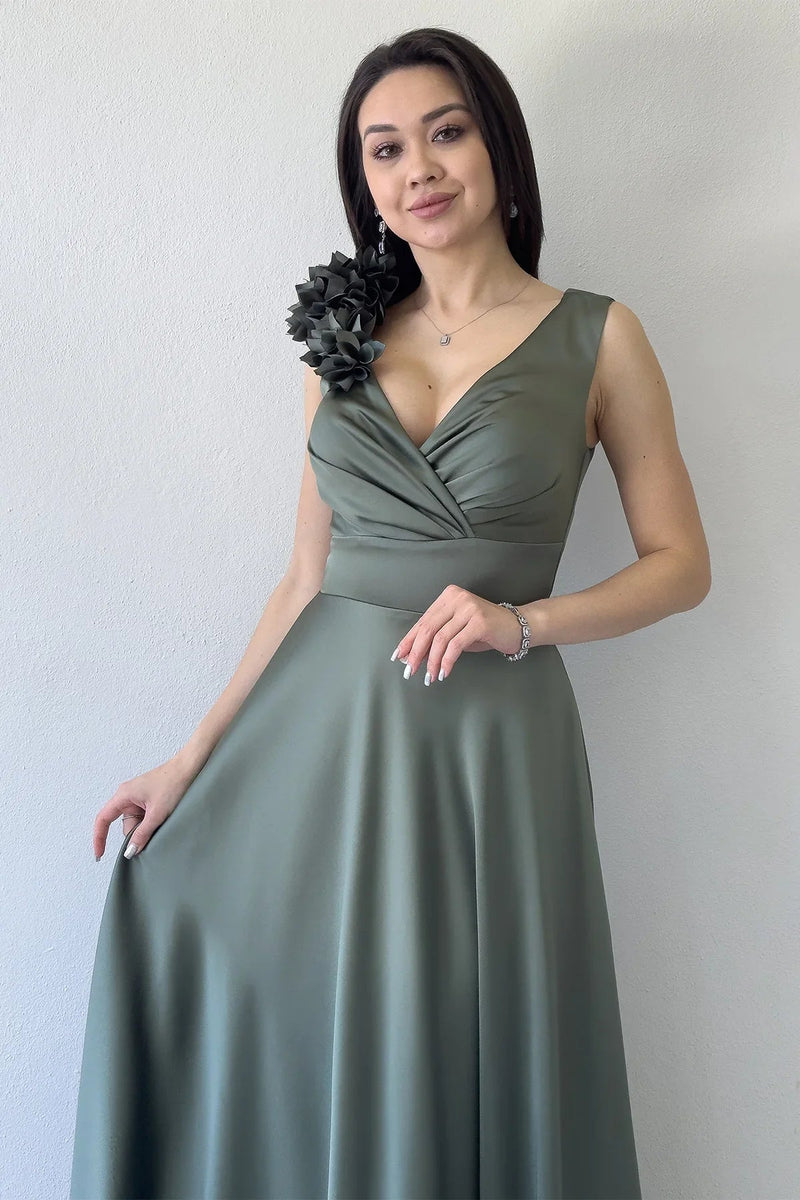 Women's Khaki Wrap Neck Omuz Çiçek Detail Satin Evening Gown