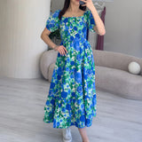 Blue Floral Pattern Midi Length Dress
