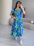 Blue Floral Pattern Midi Length Dress