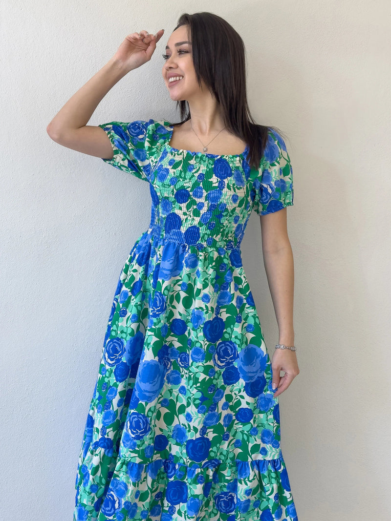 Women's Blue Çiçek Patterned Göğüs Gipeli Midi Summer Dress