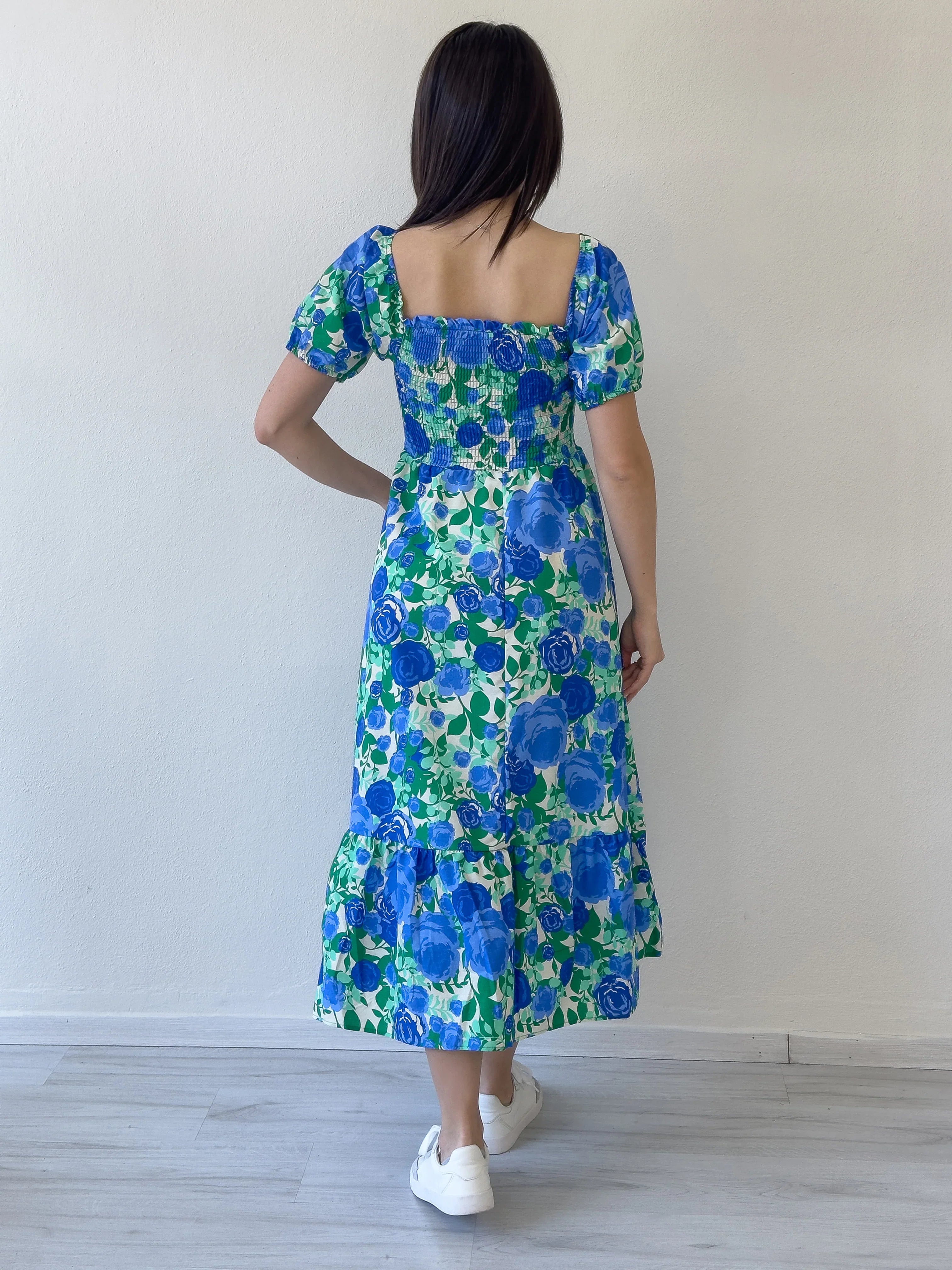Women's Blue Çiçek Patterned Göğüs Gipeli Midi Summer Dress