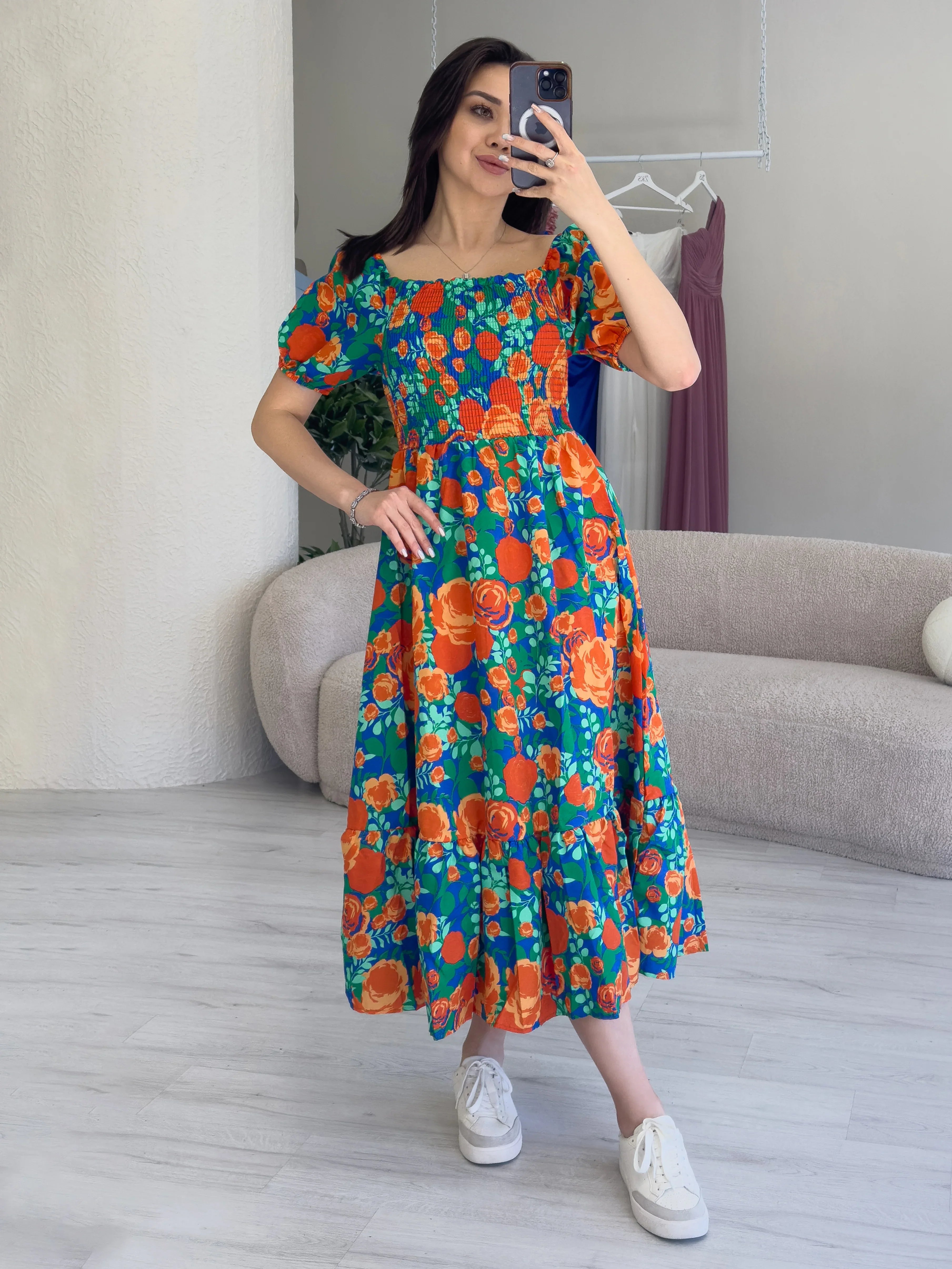 Women's Orange Çiçek Patterned Göğüs Gipeli Midi Summer Dress