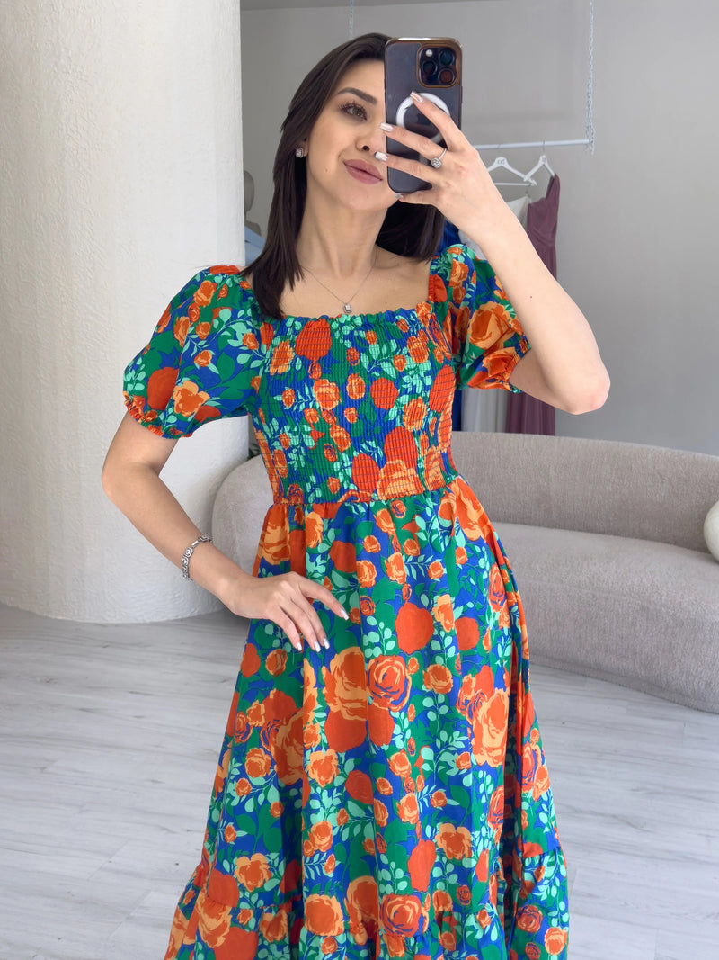 Women's Orange Çiçek Patterned Göğüs Gipeli Midi Summer Dress