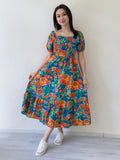 Orange Floral Pattern Midi Length Dress