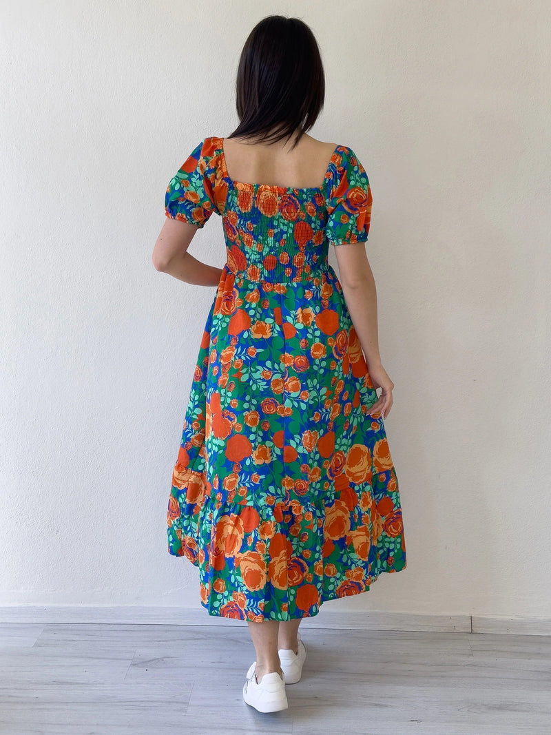 Women's Orange Çiçek Patterned Göğüs Gipeli Midi Summer Dress