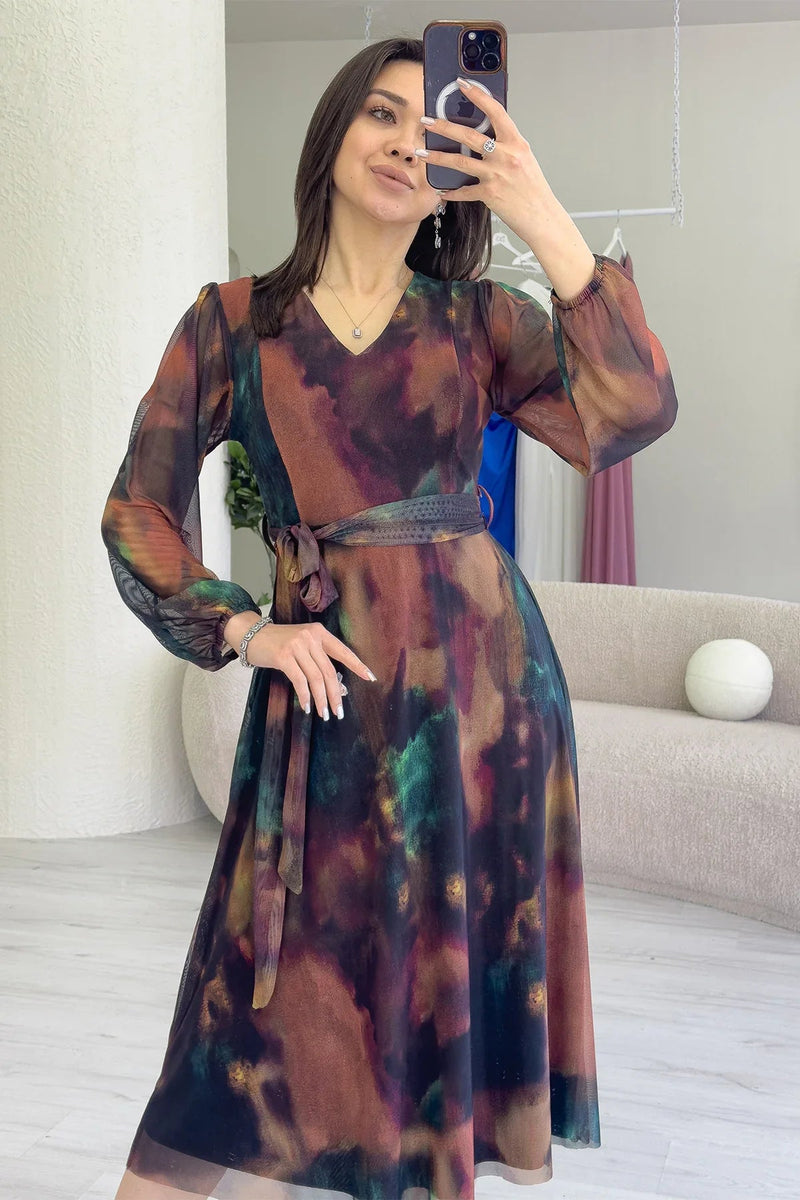 Women's V-Neck Belted Tie-Dye Tulle Midi Plus Size Evening Gown