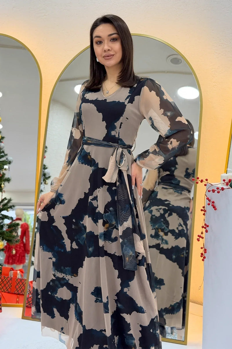 Women's Beige V-Neck Belted Tie-Dye Tulle Midi Plus Size Dress