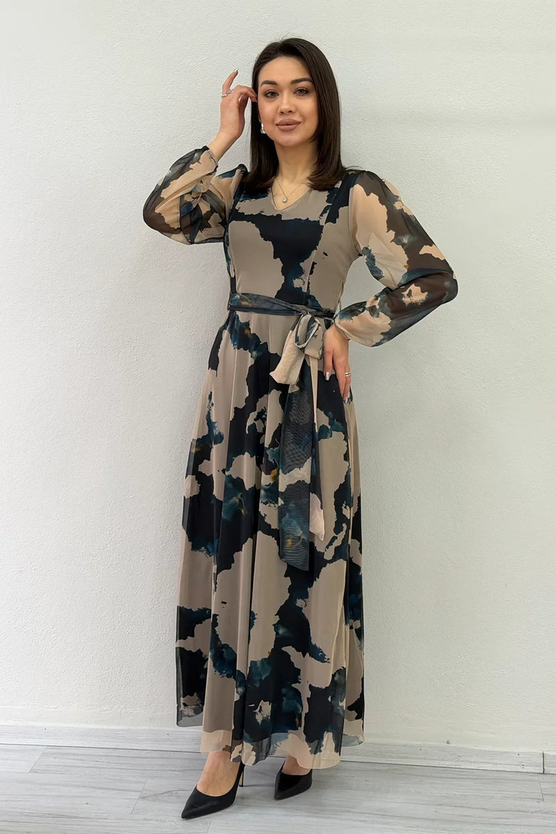 Women's Beige V-Neck Belted Tie-Dye Tulle Midi Plus Size Dress