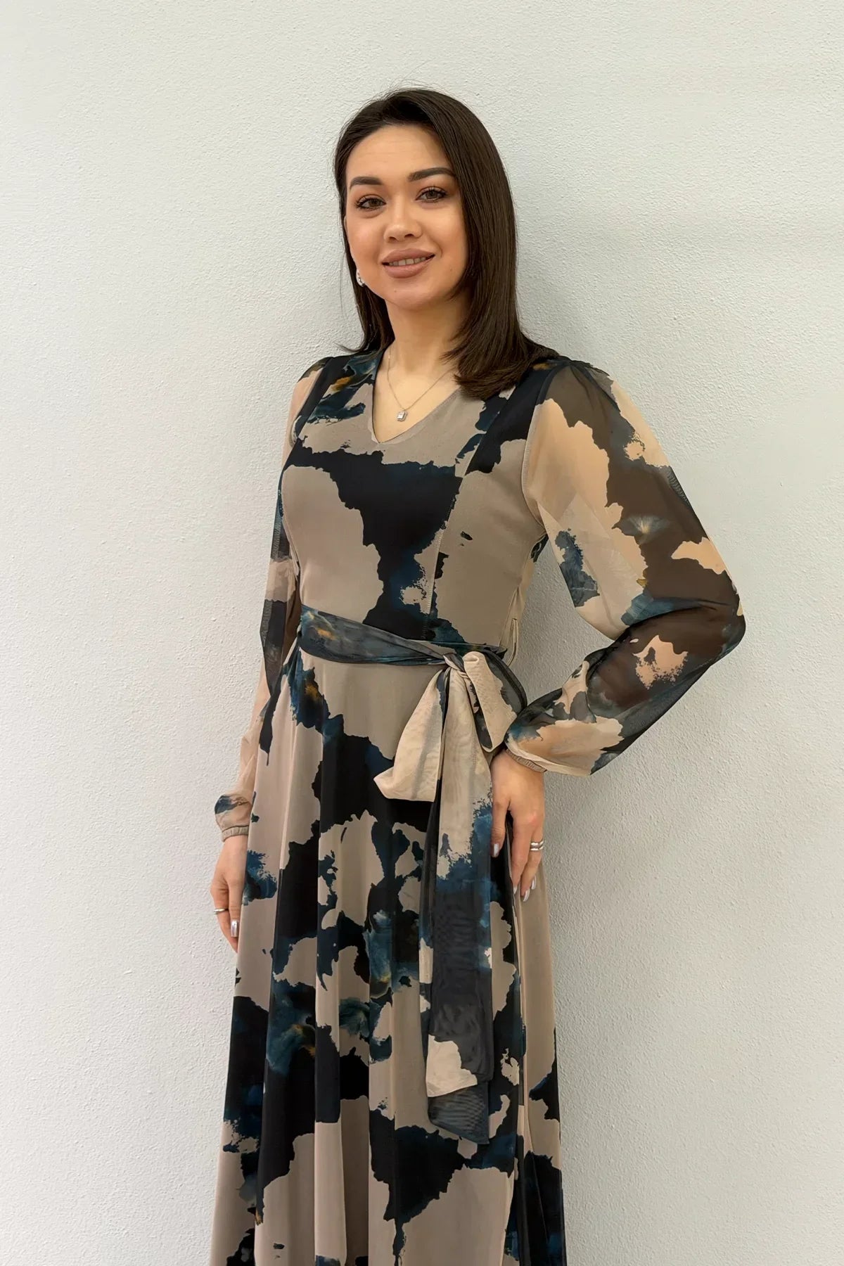 Women's Beige V-Neck Belted Tie-Dye Tulle Midi Plus Size Dress