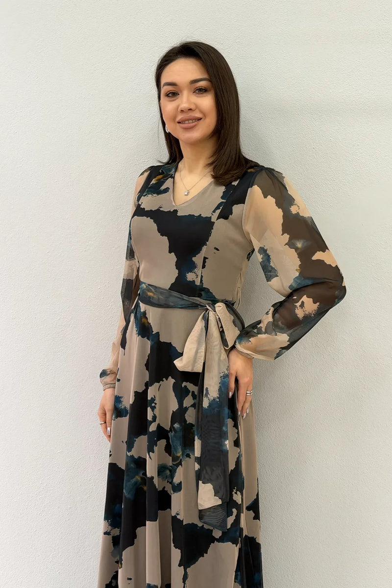 Women's Beige V-Neck Belted Tie-Dye Tulle Midi Plus Size Dress