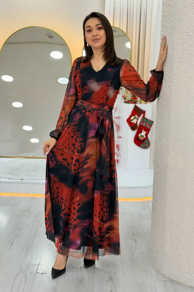 Women's Red V-Neck Belted Tie-Dye Tulle Midi Plus Size Dress