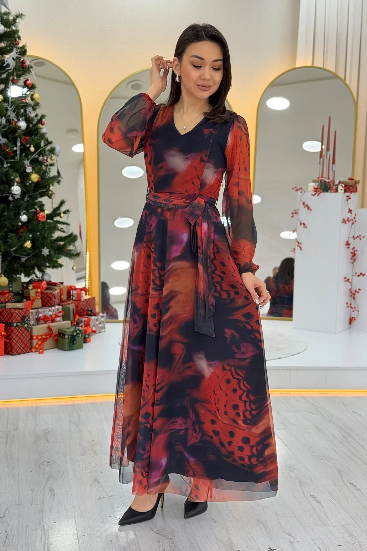 Women's Red V-Neck Belted Tie-Dye Tulle Midi Plus Size Dress