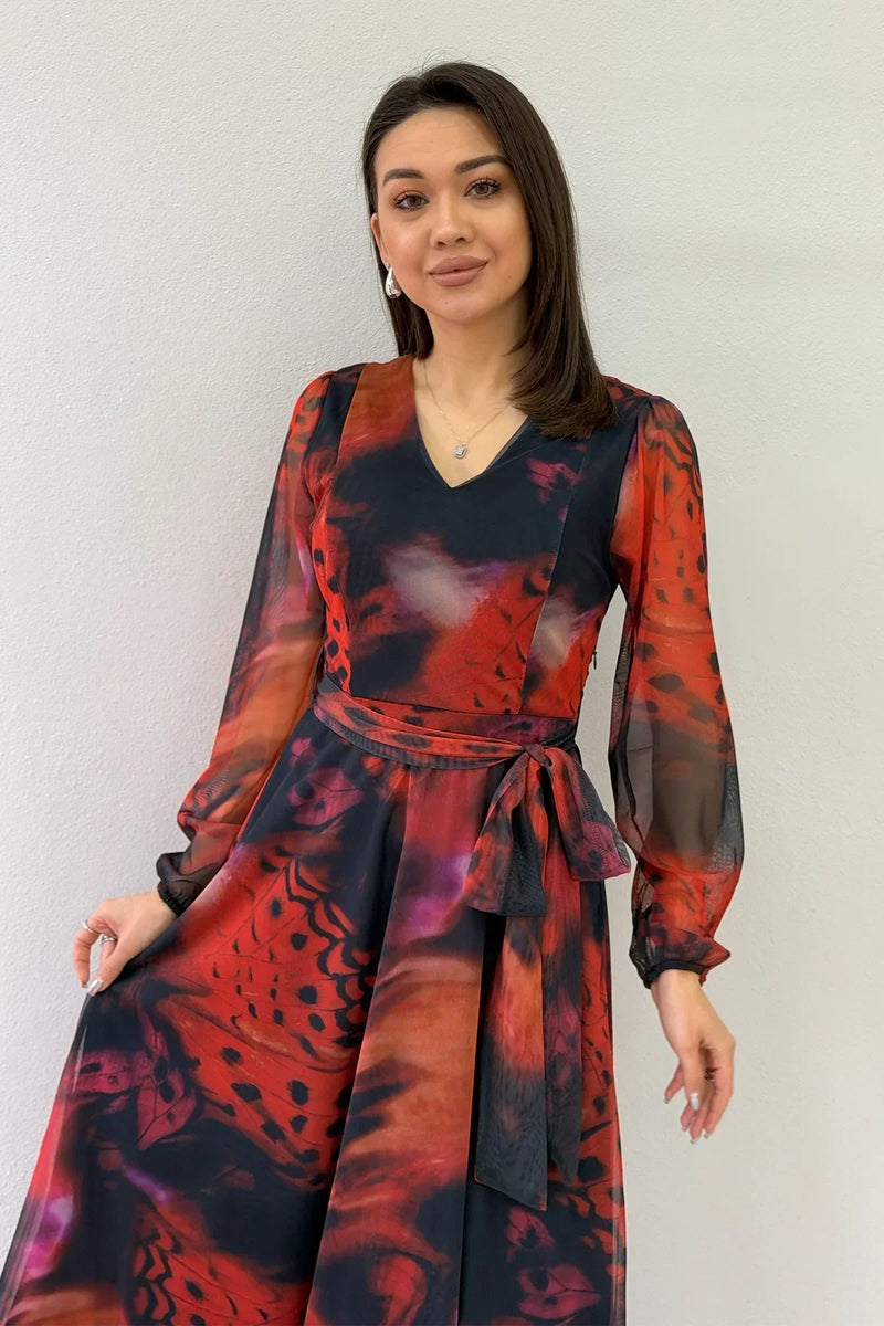 Women's Red V-Neck Belted Tie-Dye Tulle Midi Plus Size Dress