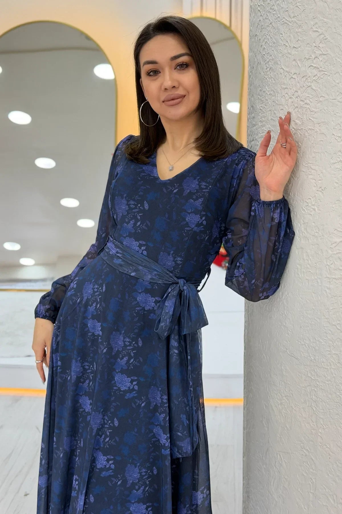 Women's Blue V-Neck Belted Tie-Dye Tulle Midi Plus Size Dress