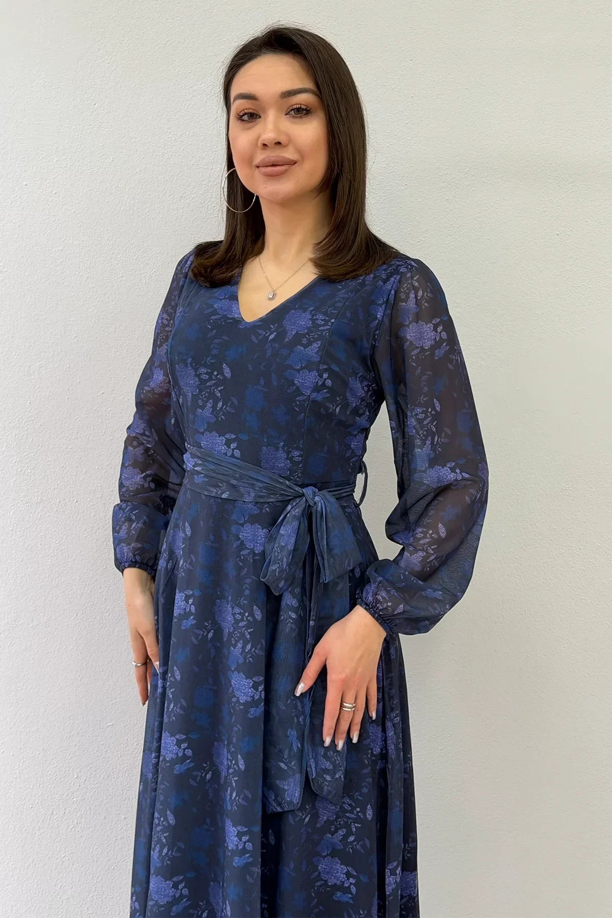 Women's Blue V-Neck Belted Tie-Dye Tulle Midi Plus Size Dress