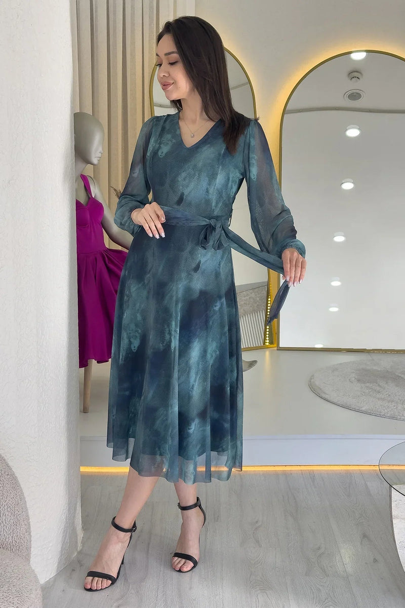 Women's Turquoise V-Neck Belted Tie-Dye Tulle Midi Plus Size Dress