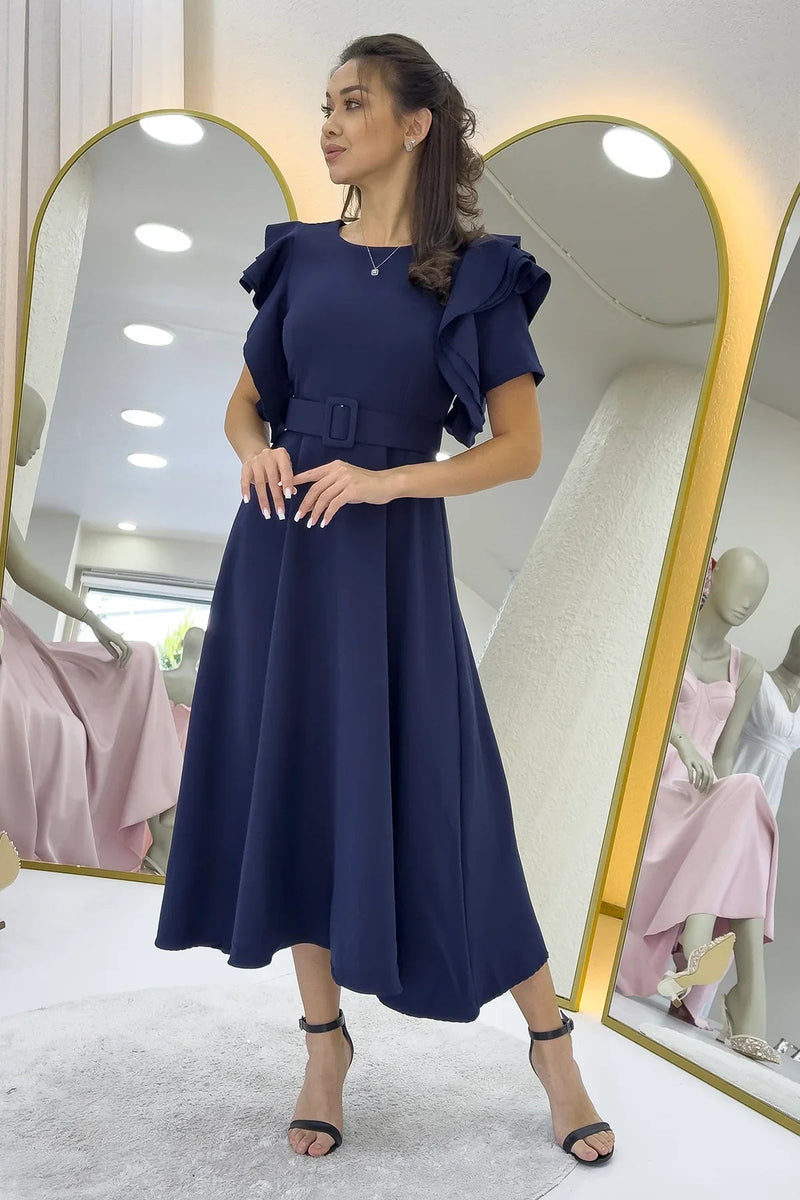 Women's Navy Blue Omuz Ruffle Detail Belted Midi Dress