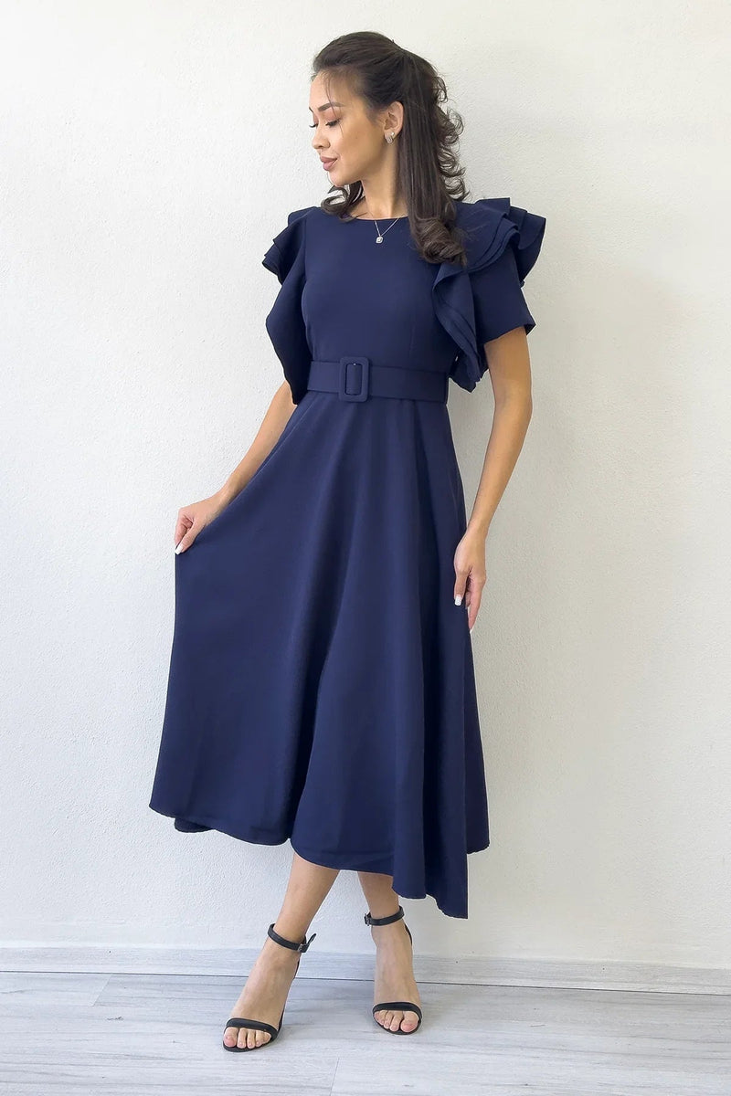 Women's Navy Blue Omuz Ruffle Detail Belted Midi Dress