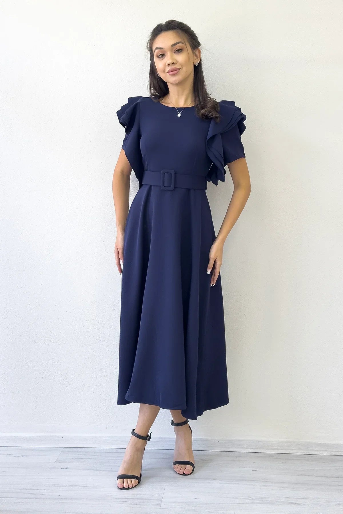 Women's Navy Blue Omuz Ruffle Detail Belted Midi Dress