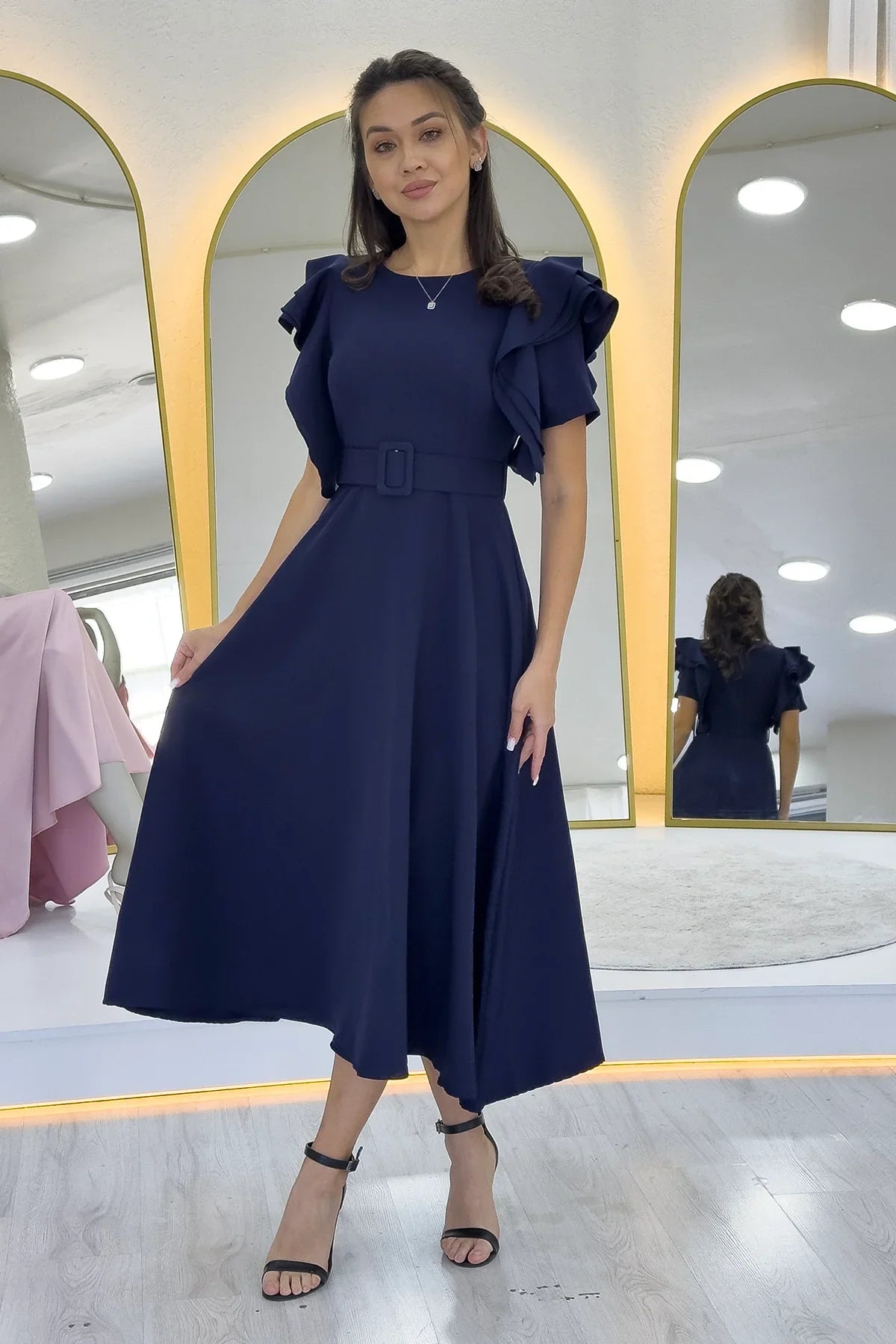 Women's Navy Blue Omuz Ruffle Detail Belted Midi Dress