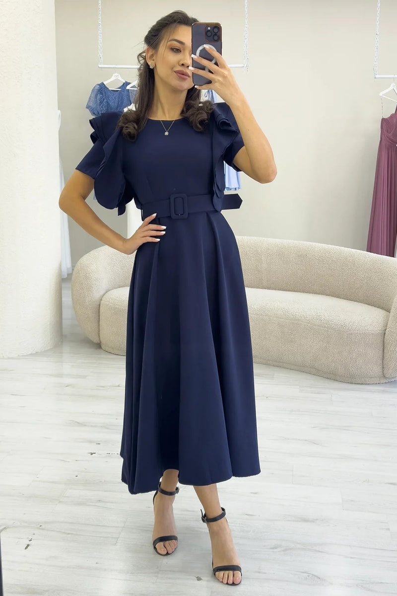 Women's Navy Blue Omuz Ruffle Detail Belted Midi Dress
