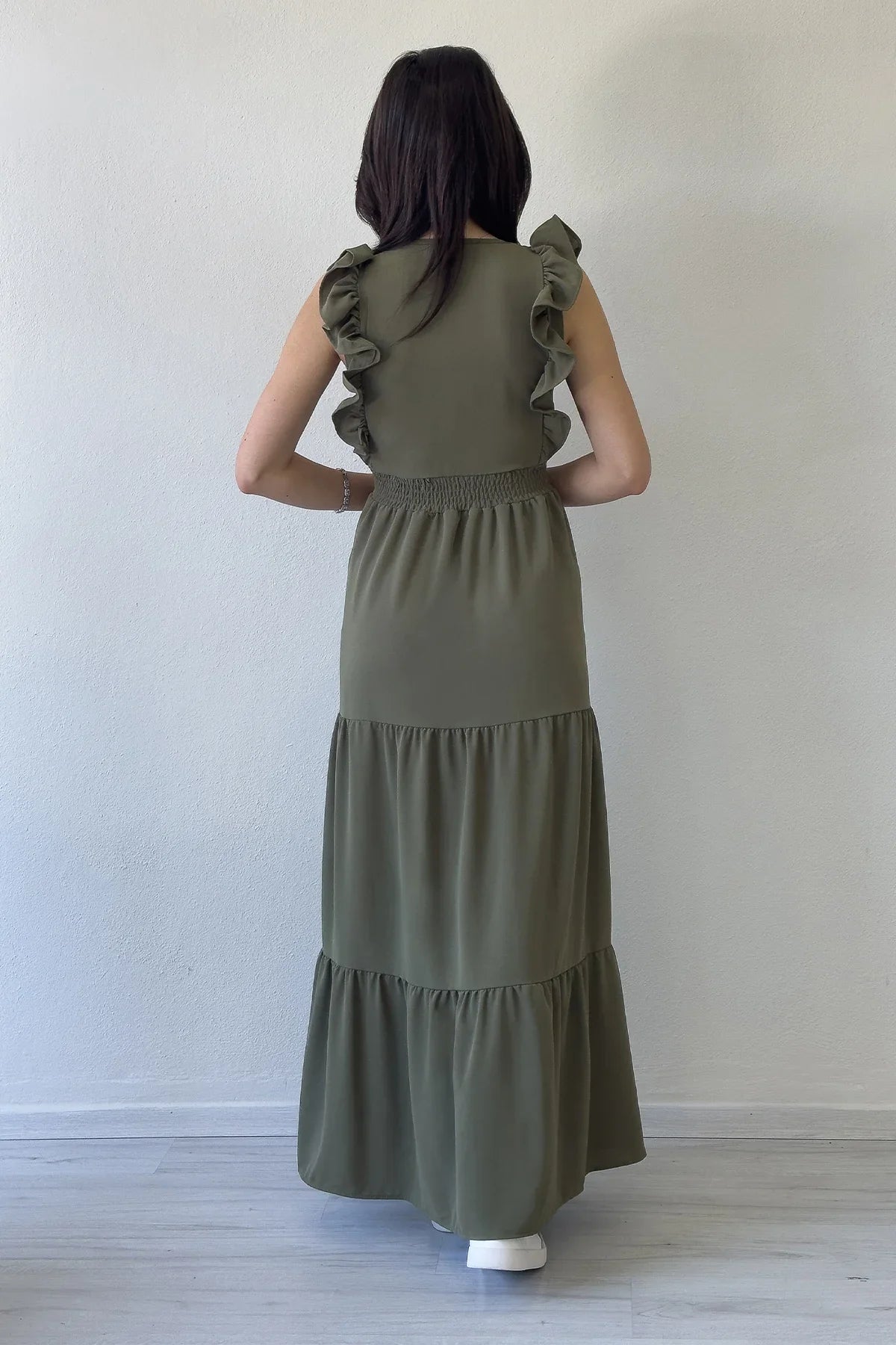 Women's Khaki Ruffle Sleeve Toka Detail Slit Summer Dress