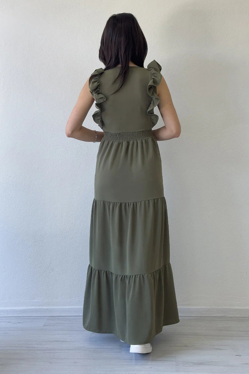 Women's Khaki Ruffle Sleeve Toka Detail Slit Summer Dress